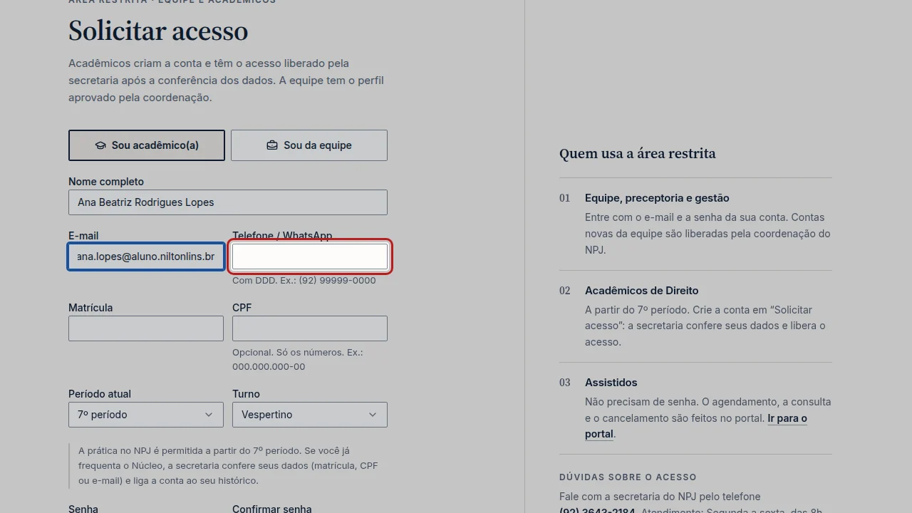 Tela do passo 3: Preencha Nome completo, E-mail e Telefone / WhatsApp, com DDD.