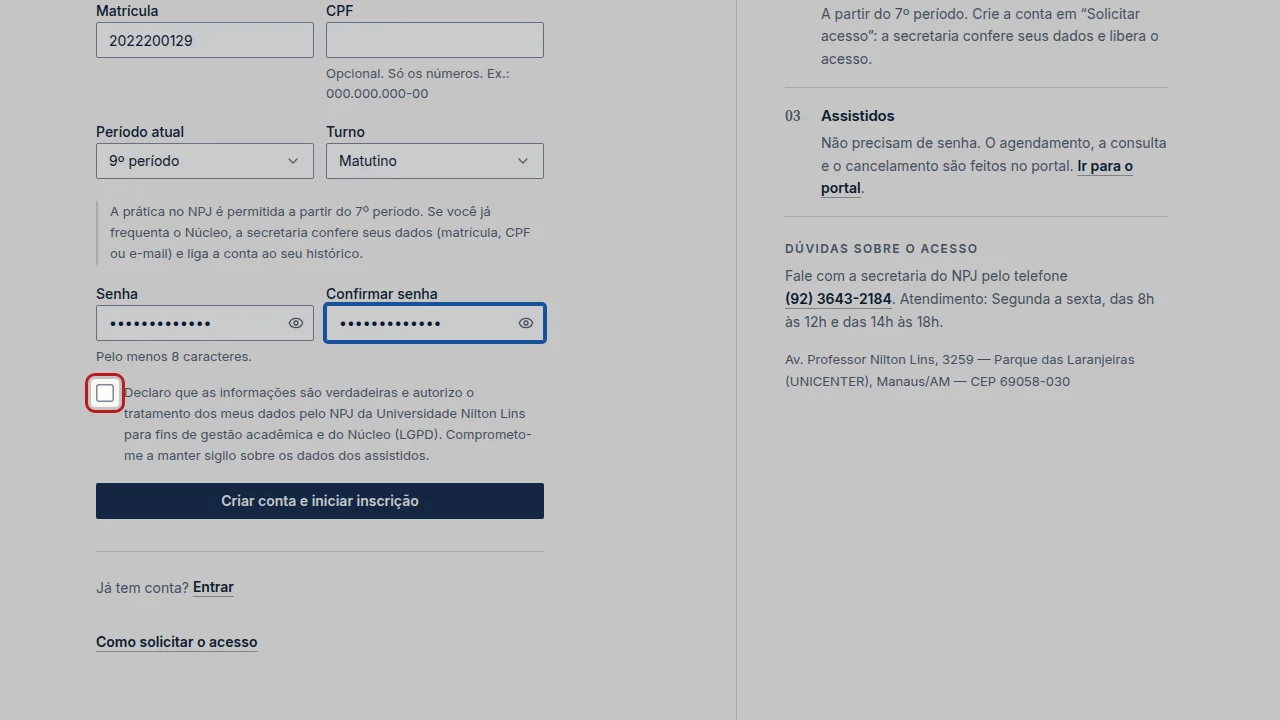 Tela do passo 7: Leia e marque a declaração sobre a veracidade das informações, o tratamento de dados (LGPD) e o sigilo sobre os dados dos assistidos.