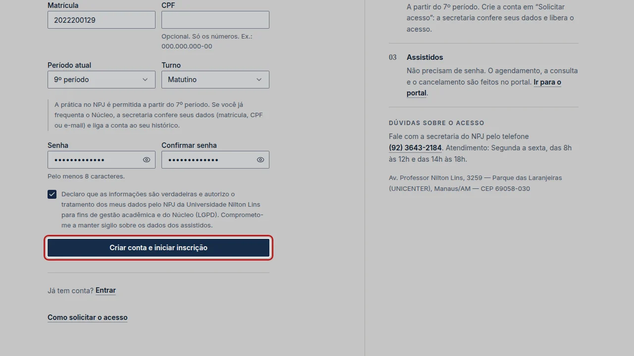 Tela do passo 8: Clique em Criar conta e iniciar inscrição.