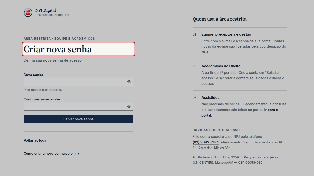 Tela do passo 1: Clique no link do e-mail de redefinição. A tela Criar nova senha se abre.