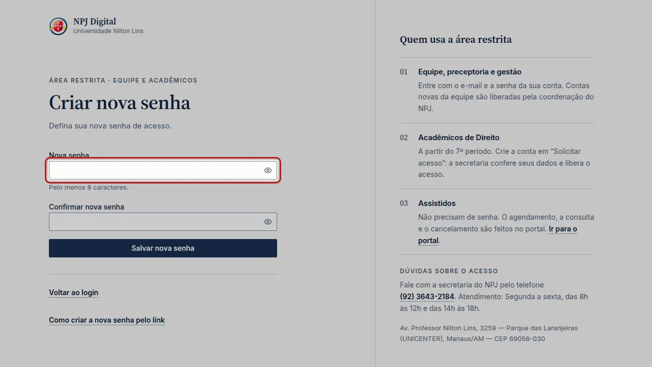 Tela do passo 3: Em Nova senha, digite a senha nova, com pelo menos 8 caracteres.
