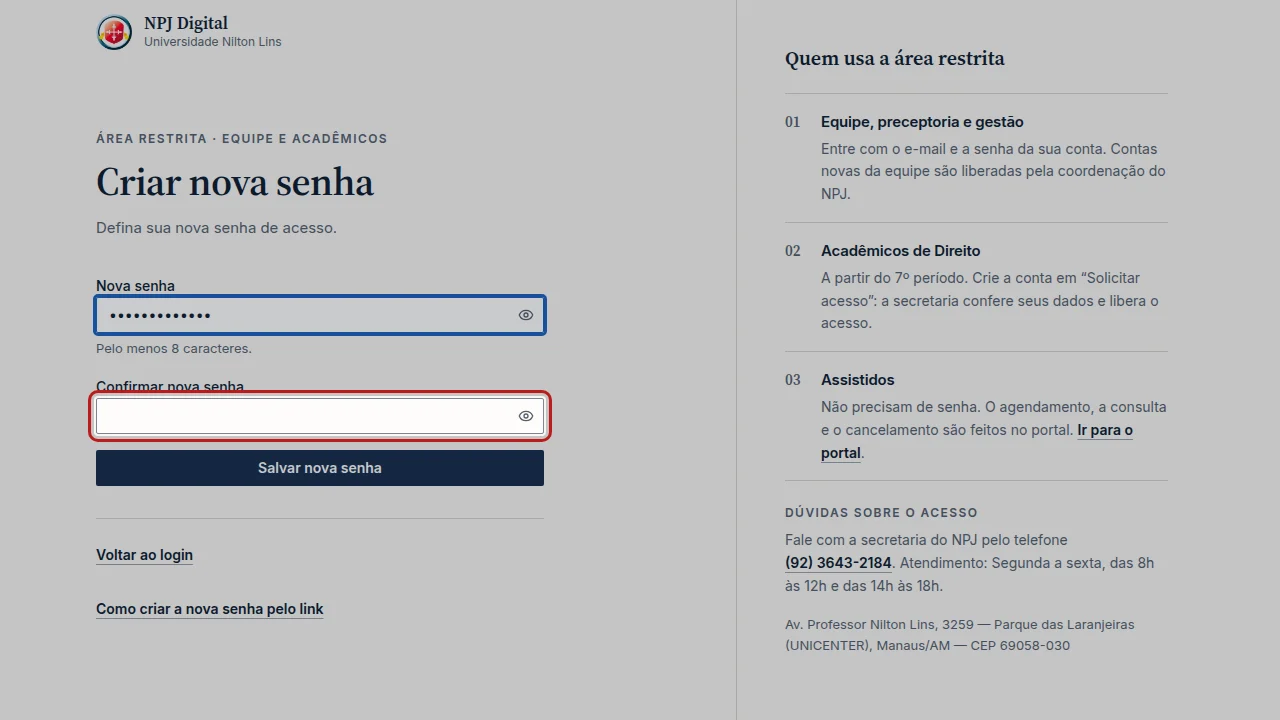 Tela do passo 4: Em Confirmar nova senha, digite a mesma senha outra vez.
