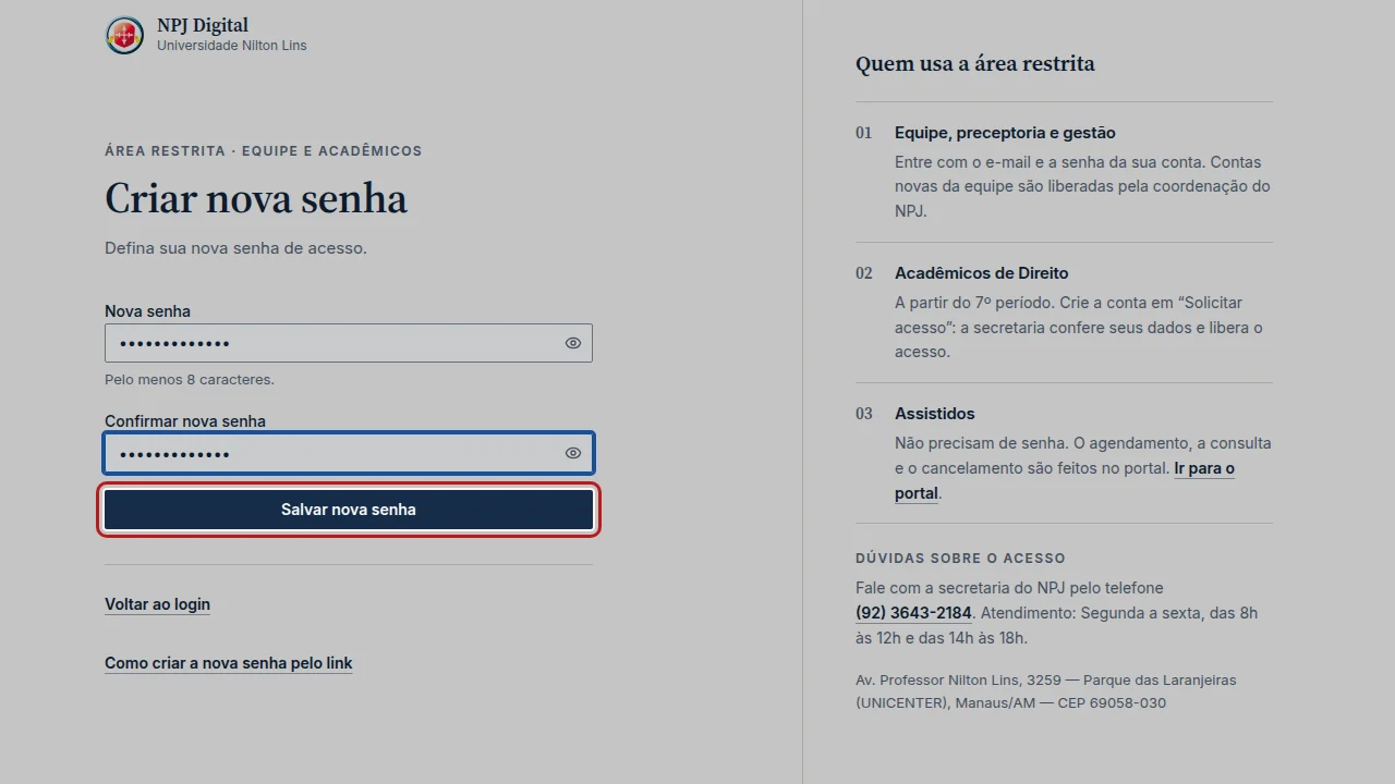 Tela do passo 5: Clique em Salvar nova senha.