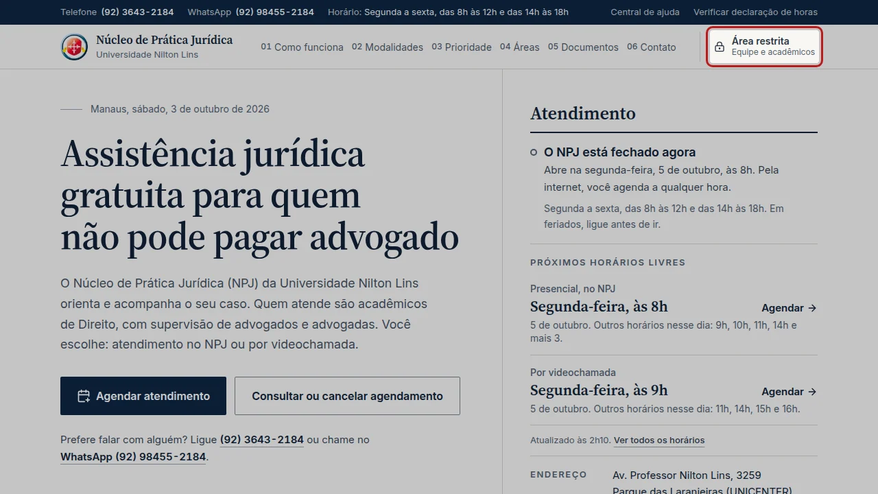 Tela do passo 1: No portal do NPJ Digital, clique em Área restrita, no topo da página.
