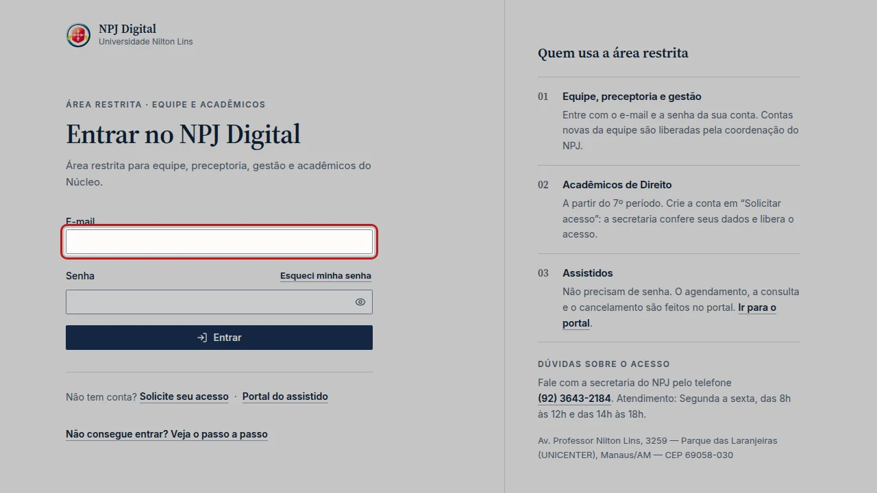 Tela do passo 2: Em E-mail, digite o e-mail que você usou no cadastro.