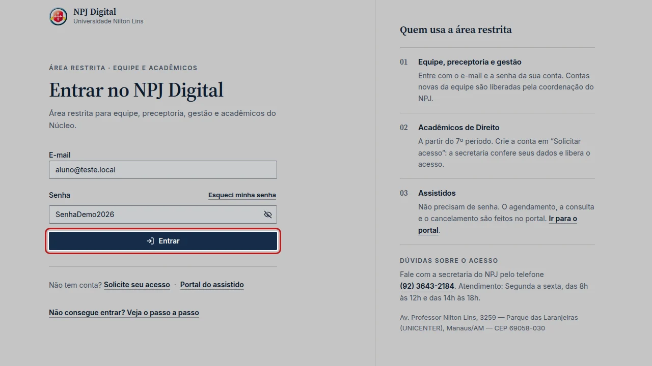 Tela do passo 4: Clique em Entrar.
