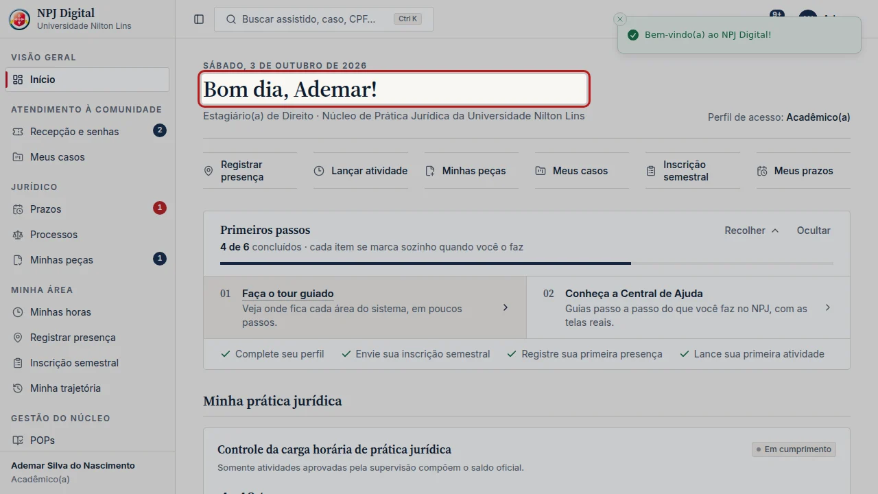 Tela do passo 5: Aparece a mensagem Bem-vindo(a) ao NPJ Digital! e a página Início do seu perfil se abre.
