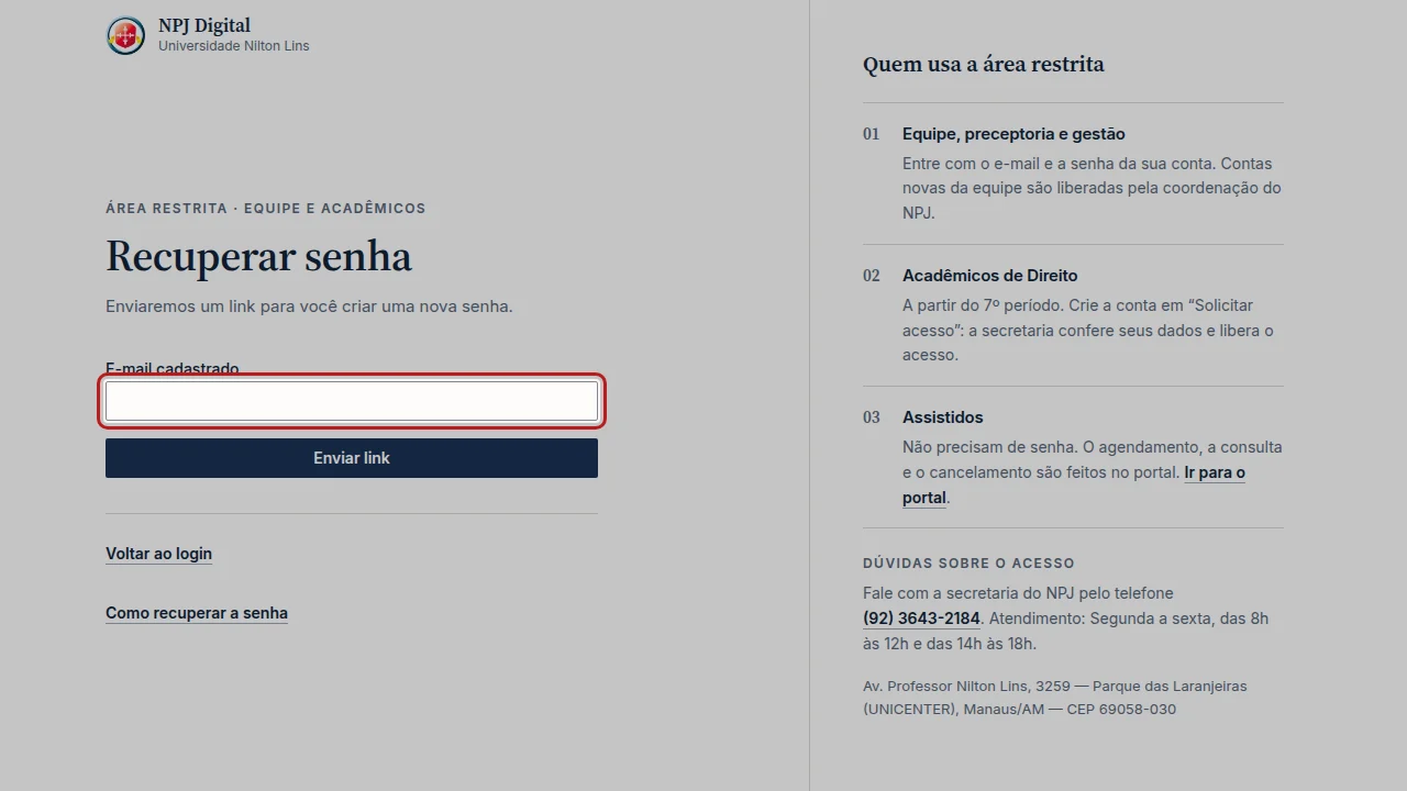Tela do passo 2: Em E-mail cadastrado, digite o e-mail da sua conta.