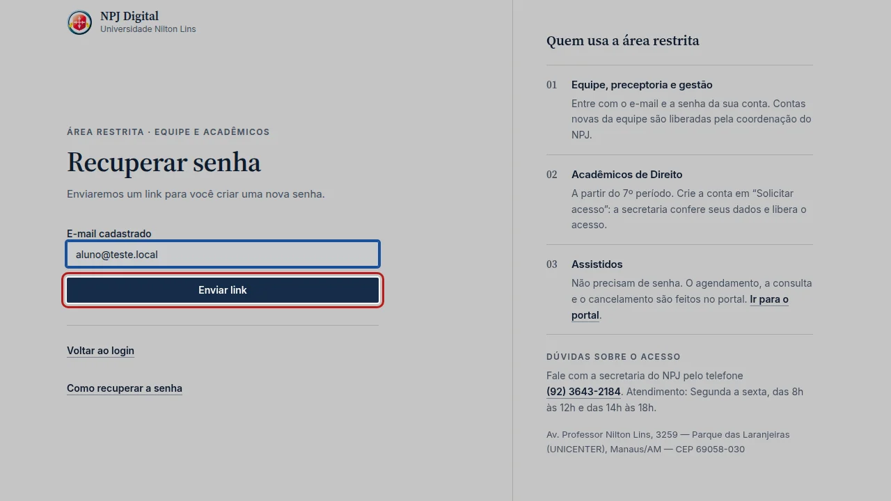 Tela do passo 3: Clique em Enviar link.