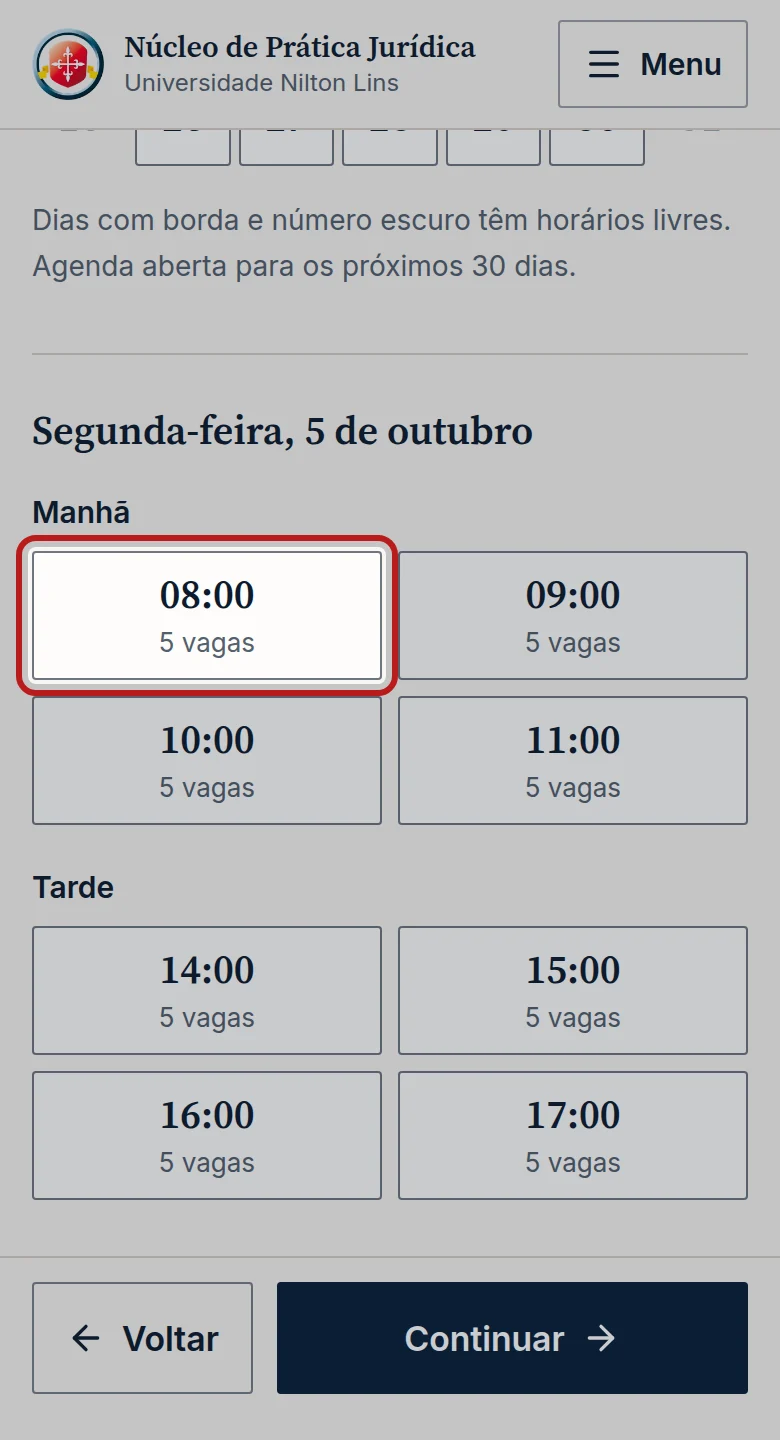 Tela do passo 2: Toque no horário. Ele fica marcado como Reservado para você e aparece o aviso Seu horário está reservado por 10 minutos.