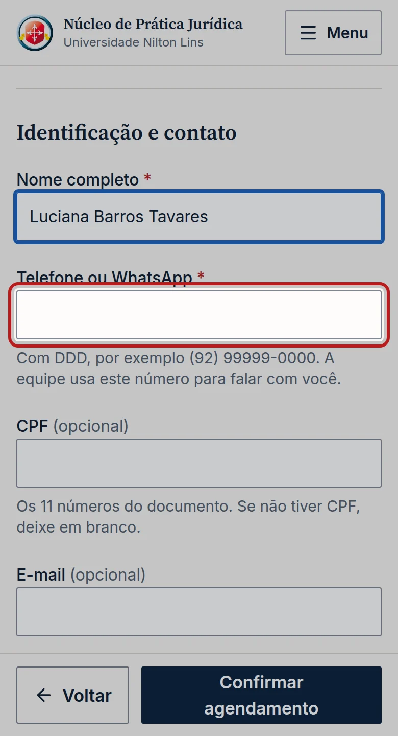 Tela do passo 1: Em Identificação e contato, preencha Nome completo e Telefone ou WhatsApp. Esses dois campos são obrigatórios.