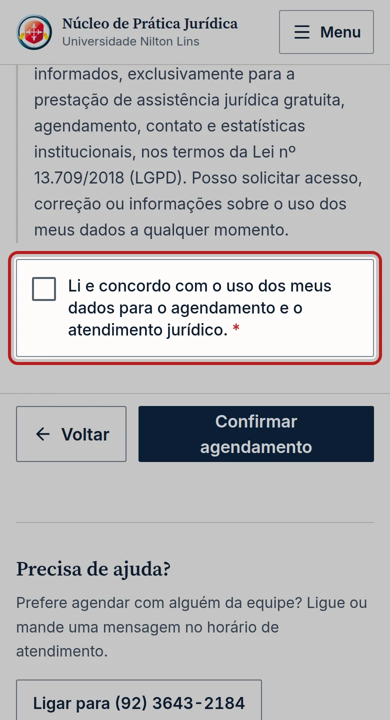Tela do passo 5: Leia o texto de Proteção dos seus dados e marque Li e concordo com o uso dos meus dados para o agendamento e o atendimento jurídico.
