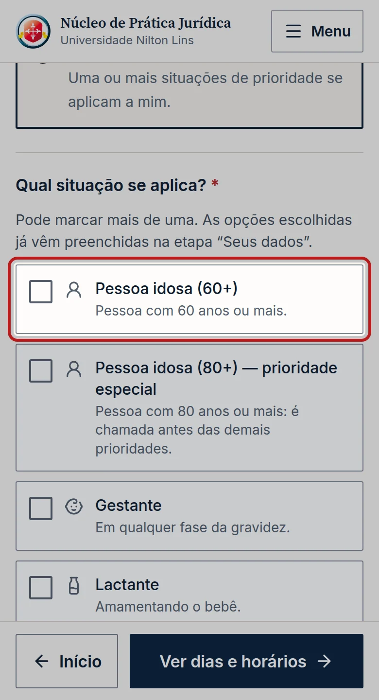 Tela do passo 2: Em Qual situação se aplica?, marque a sua situação. Pode marcar mais de uma.