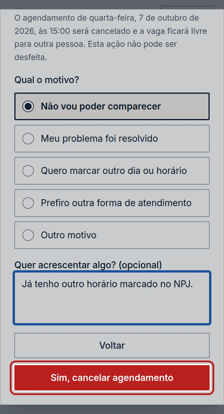 Tela do passo 5: Toque em Sim, cancelar agendamento.