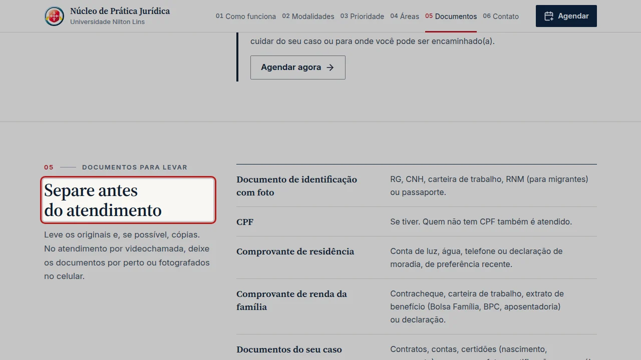 Tela do passo 1: Chegue 15 minutos antes do horário, com os seus documentos.