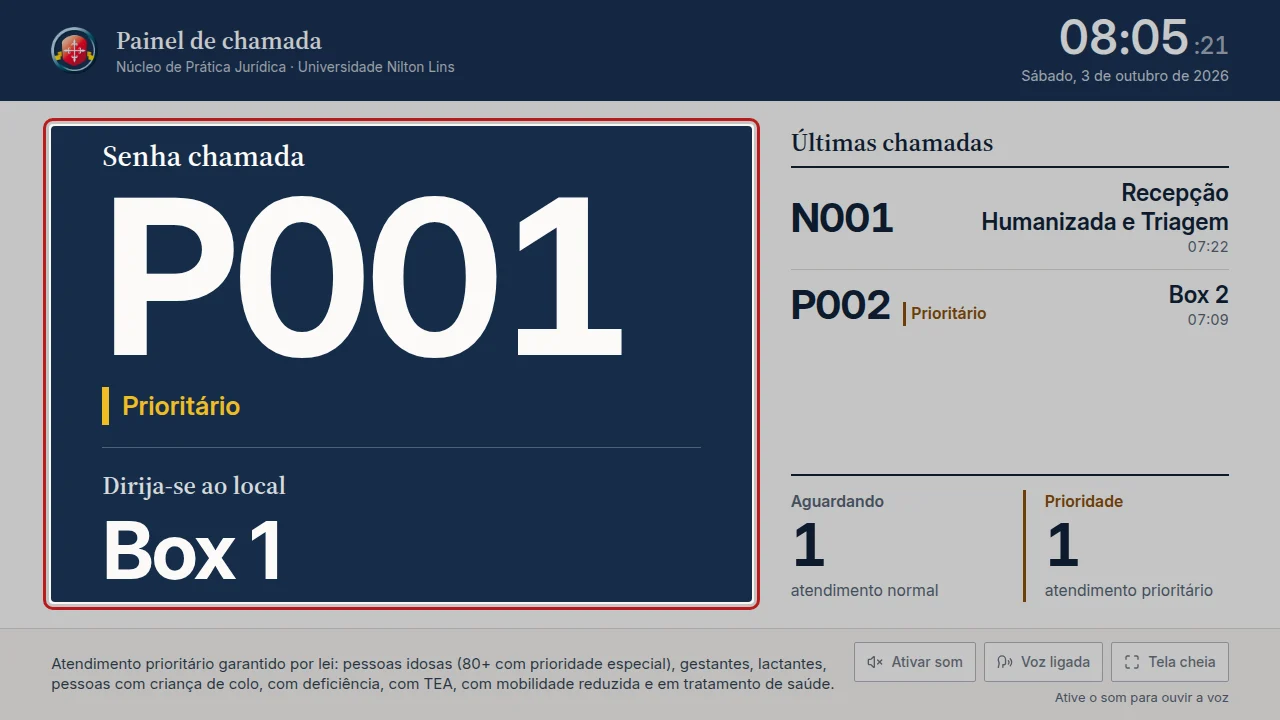 Tela do passo 3: Aguarde olhando o Painel de chamada na TV. Quando a sua senha aparecer em destaque, veja o local em Dirija-se ao local e vá até lá.