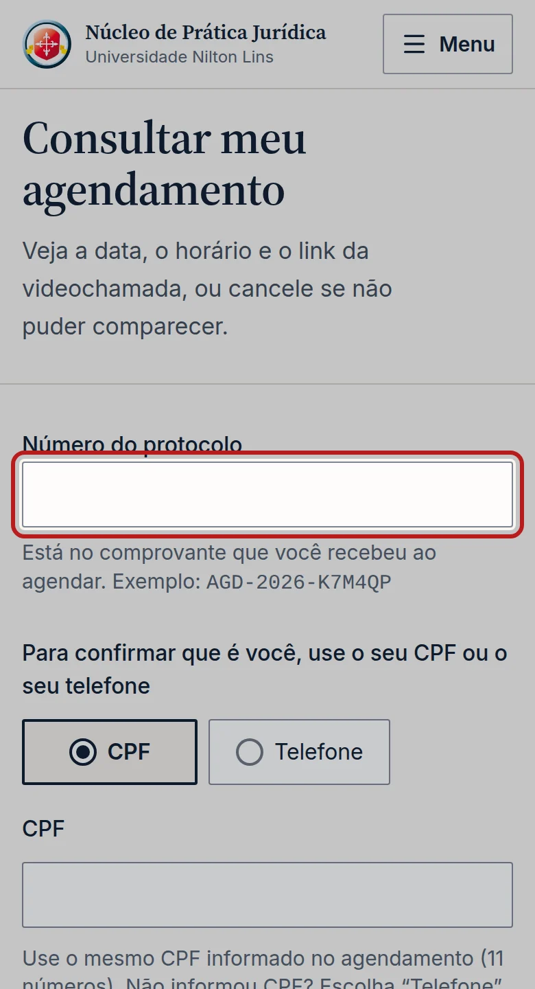 Tela do passo 2: Em Número do protocolo, digite o código do comprovante (por exemplo, AGD-2026-K7M4QP).