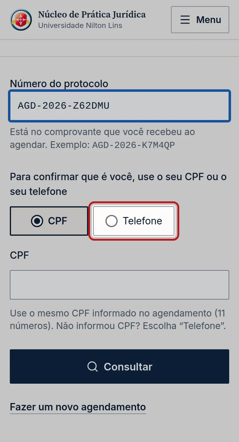 Tela do passo 3: Em Para confirmar que é você, use o seu CPF ou o seu telefone, toque em CPF ou em Telefone.