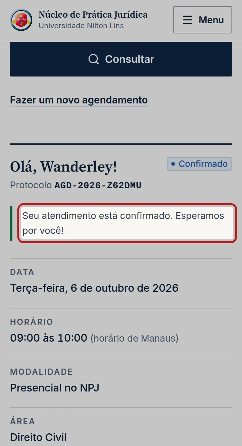 Tela do passo 6: Confira a situação, a data, o horário (horário de Manaus), a modalidade e o endereço ou o botão da videochamada.