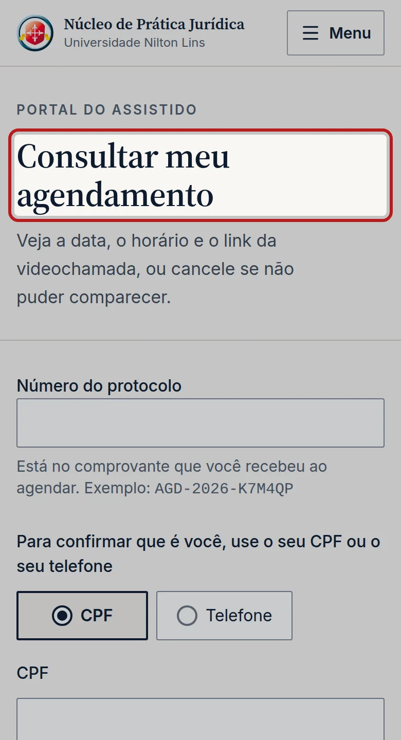 Tela do passo 2: Uns 5 minutos antes do horário, toque em Consultar ou cancelar agendamento, na página inicial, e consulte com o protocolo e o CPF ou telefone.