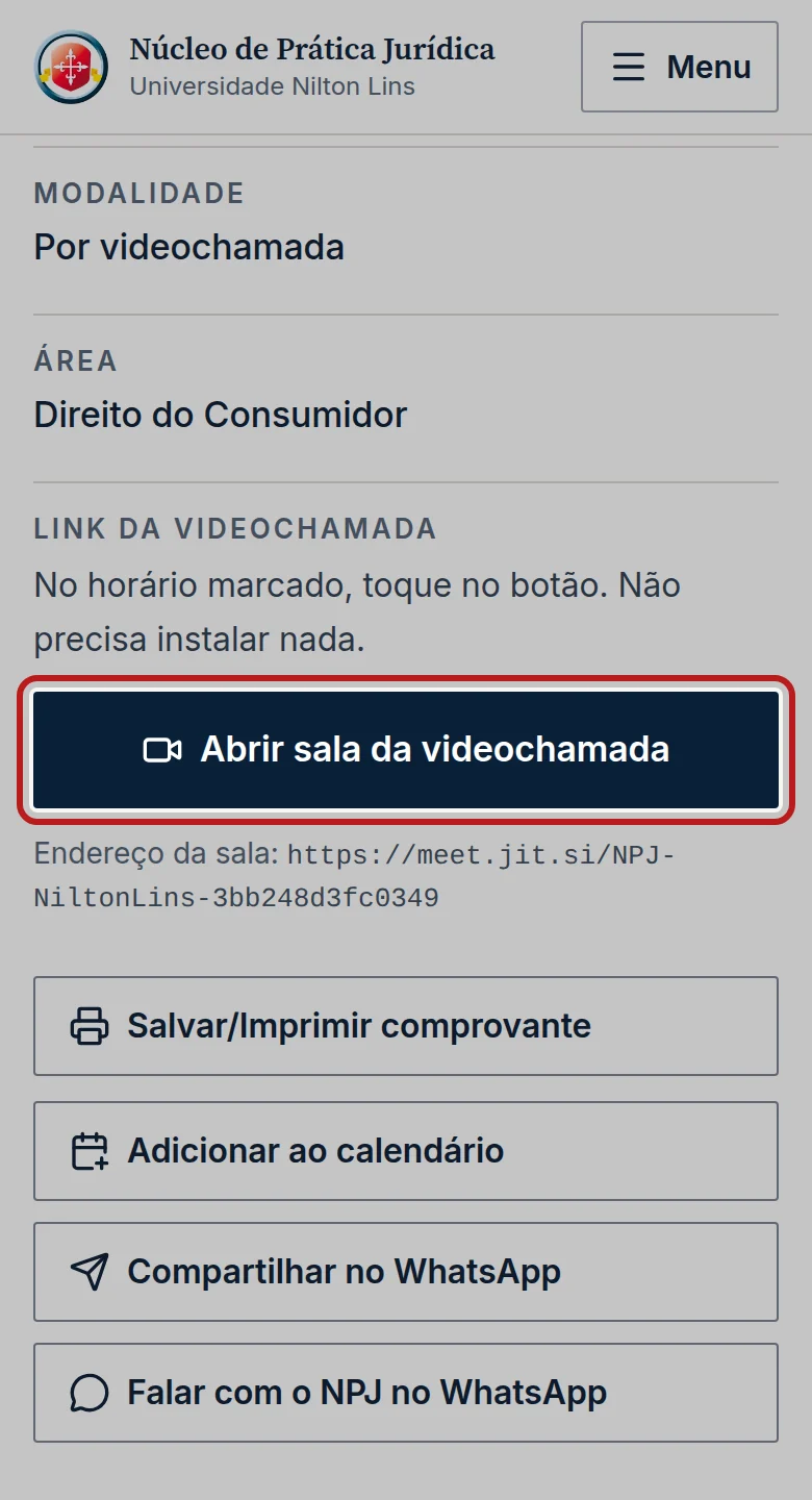 Tela do passo 3: Nos detalhes do atendimento, em Link da videochamada, toque em Abrir sala da videochamada. A sala abre em uma nova janela.