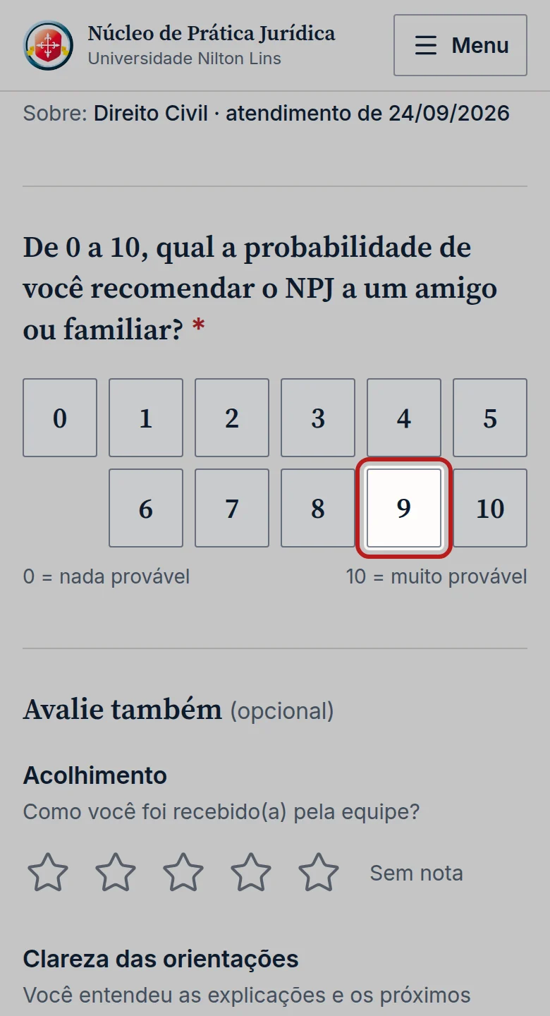 Tela do passo 2: Responda De 0 a 10, qual a probabilidade de você recomendar o NPJ a um amigo ou familiar? tocando em um número.