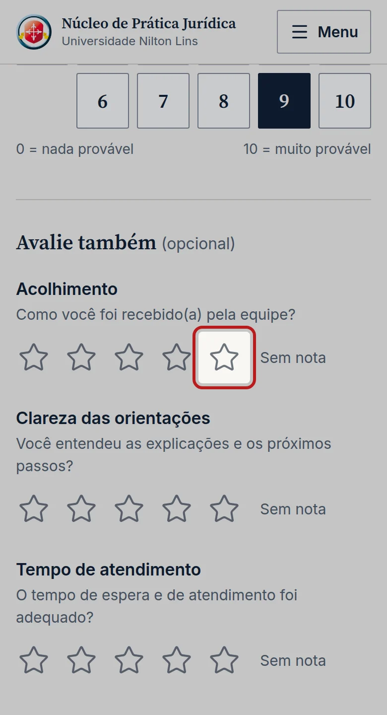 Tela do passo 3: Se quiser, em Avalie também (opcional), dê de 1 a 5 estrelas para Acolhimento, Clareza das orientações e Tempo de atendimento.