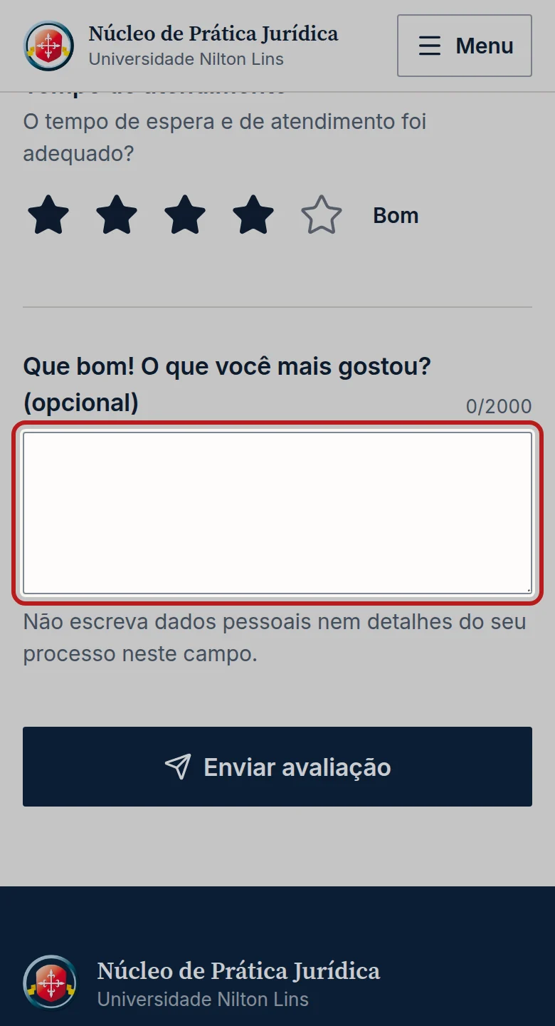 Tela do passo 4: Se quiser, escreva um comentário. A pergunta do campo muda conforme a nota: com nota 9 ou 10, por exemplo, aparece Que bom! O que você mais gostou? (opcional).