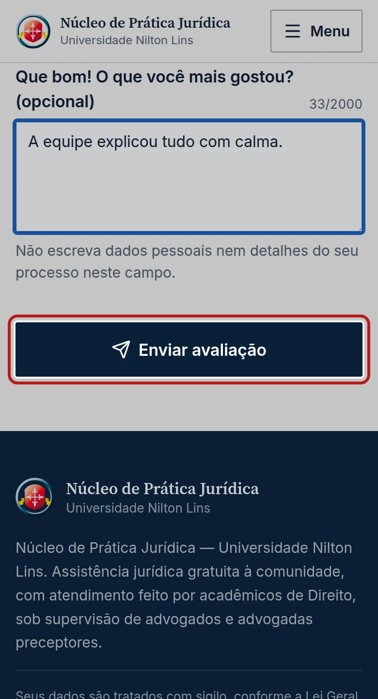 Tela do passo 5: Toque em Enviar avaliação.