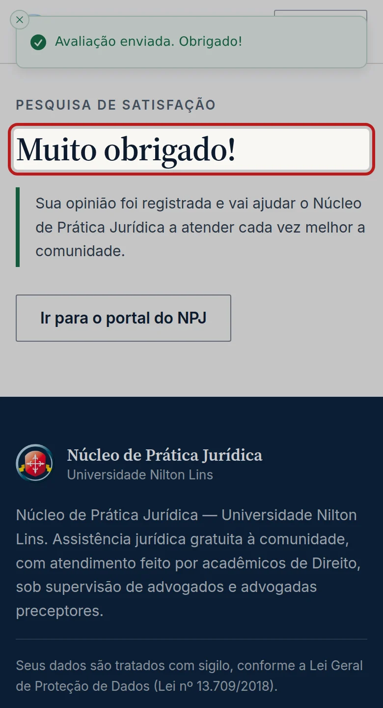 Tela do passo 6: Aparece Muito obrigado!: a sua opinião foi registrada.