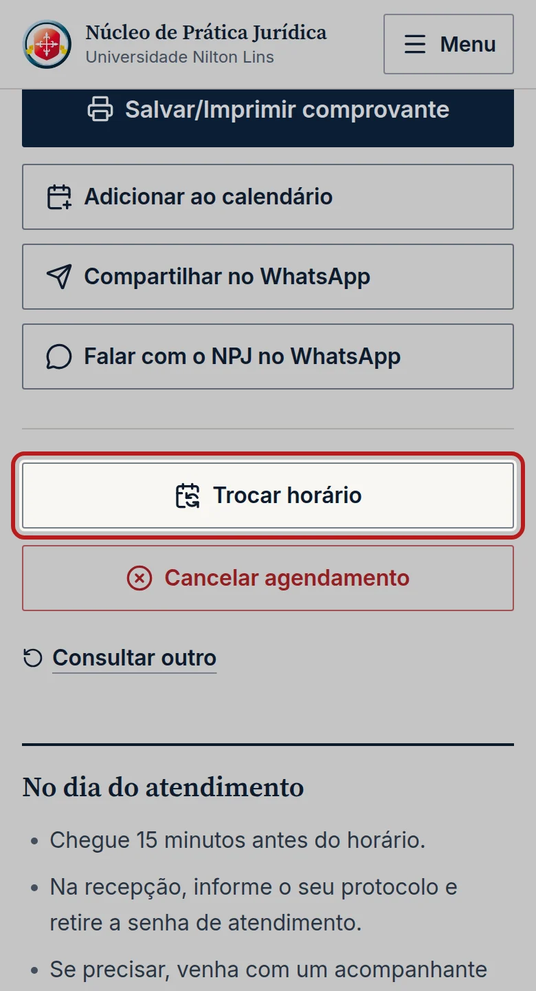 Tela do passo 2: Toque em Trocar horário.