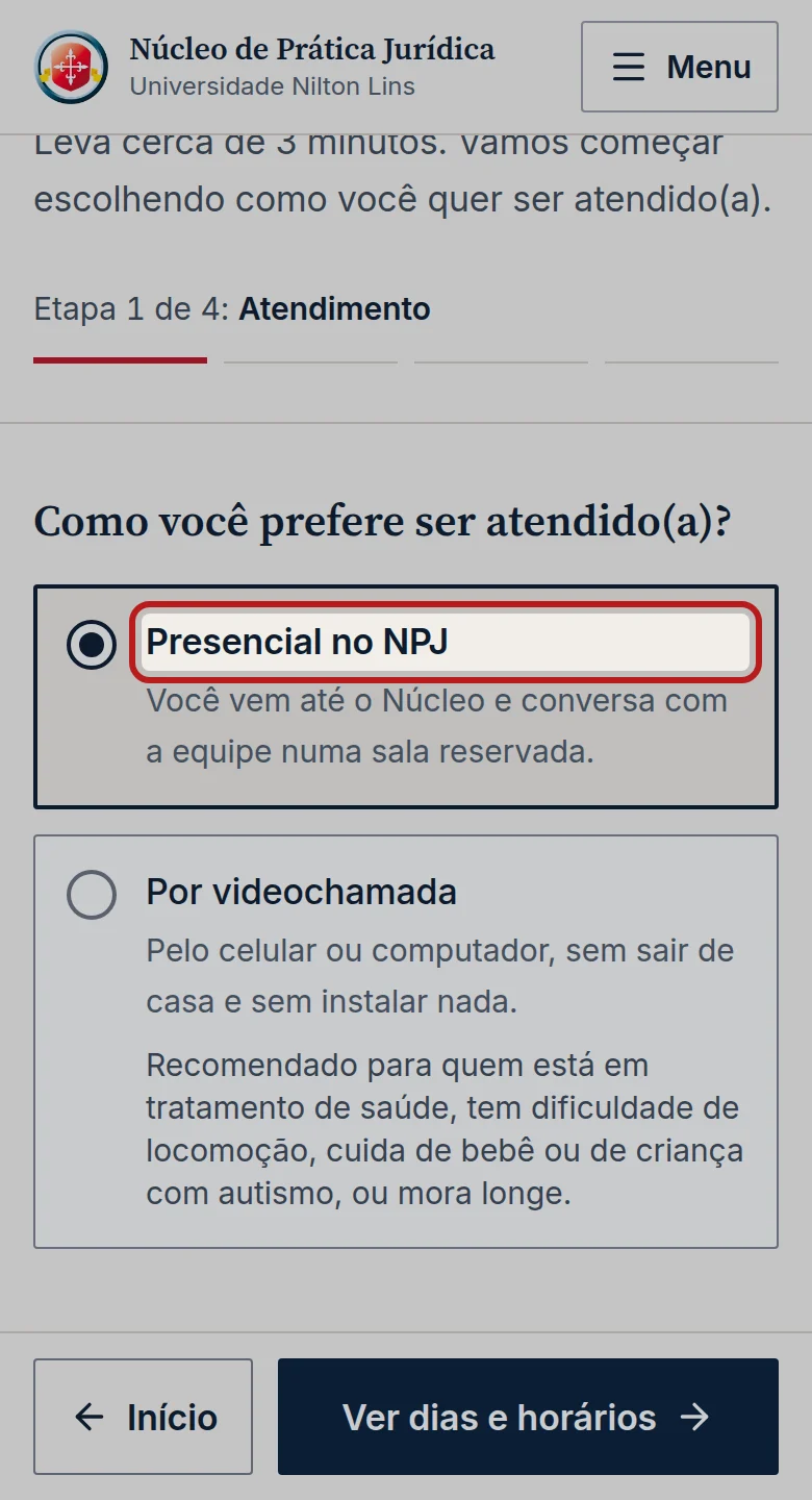 Tela do passo 4: Aparece Agendamento anterior cancelado. Escolha agora o novo horário. e abre o agendamento, já com a mesma modalidade.