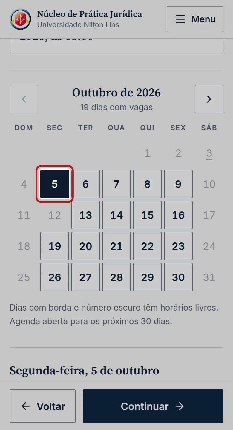 Tela do passo 5: Refaça as etapas: confira o motivo do agendamento, escolha o dia e o horário, confirme seus dados e toque em Confirmar agendamento.