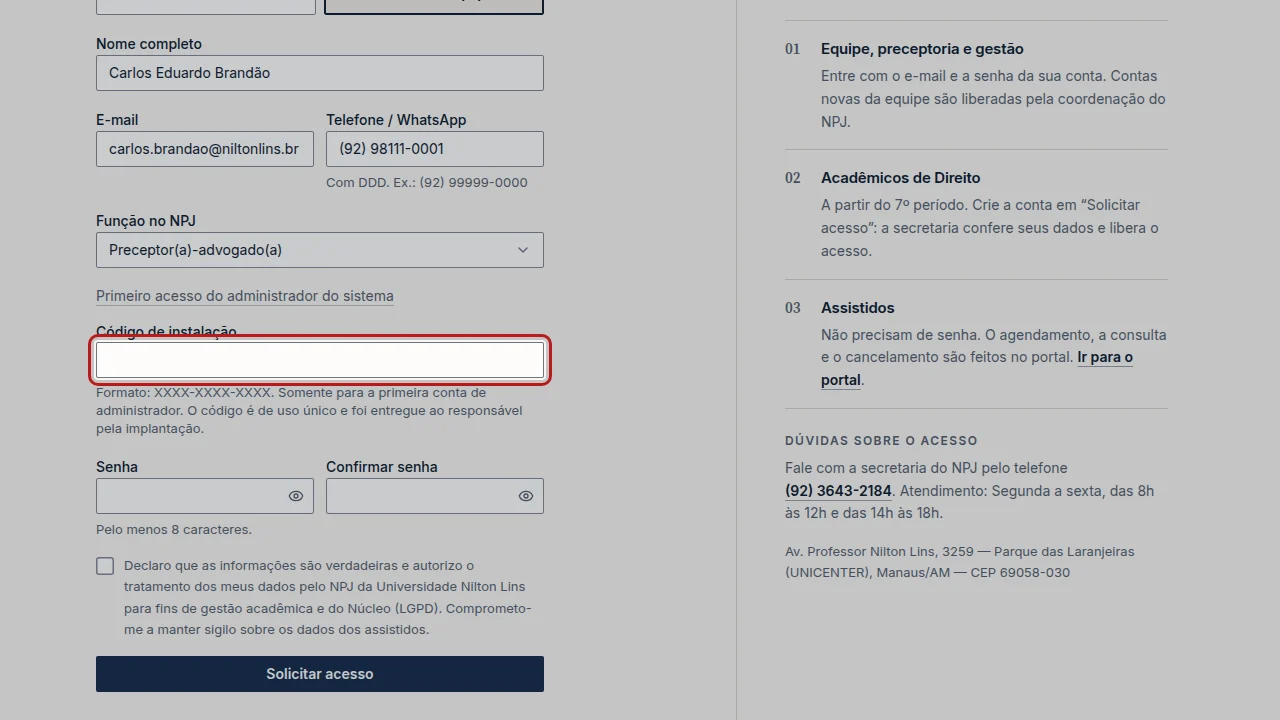 Tela do passo 6: Em Código de instalação, digite o código no formato XXXX-XXXX-XXXX.