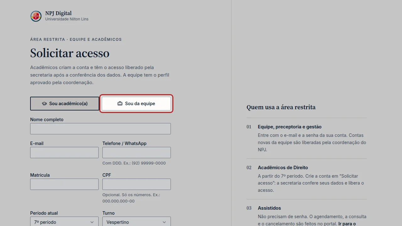 Tela do passo 2: Clique em Sou da equipe.