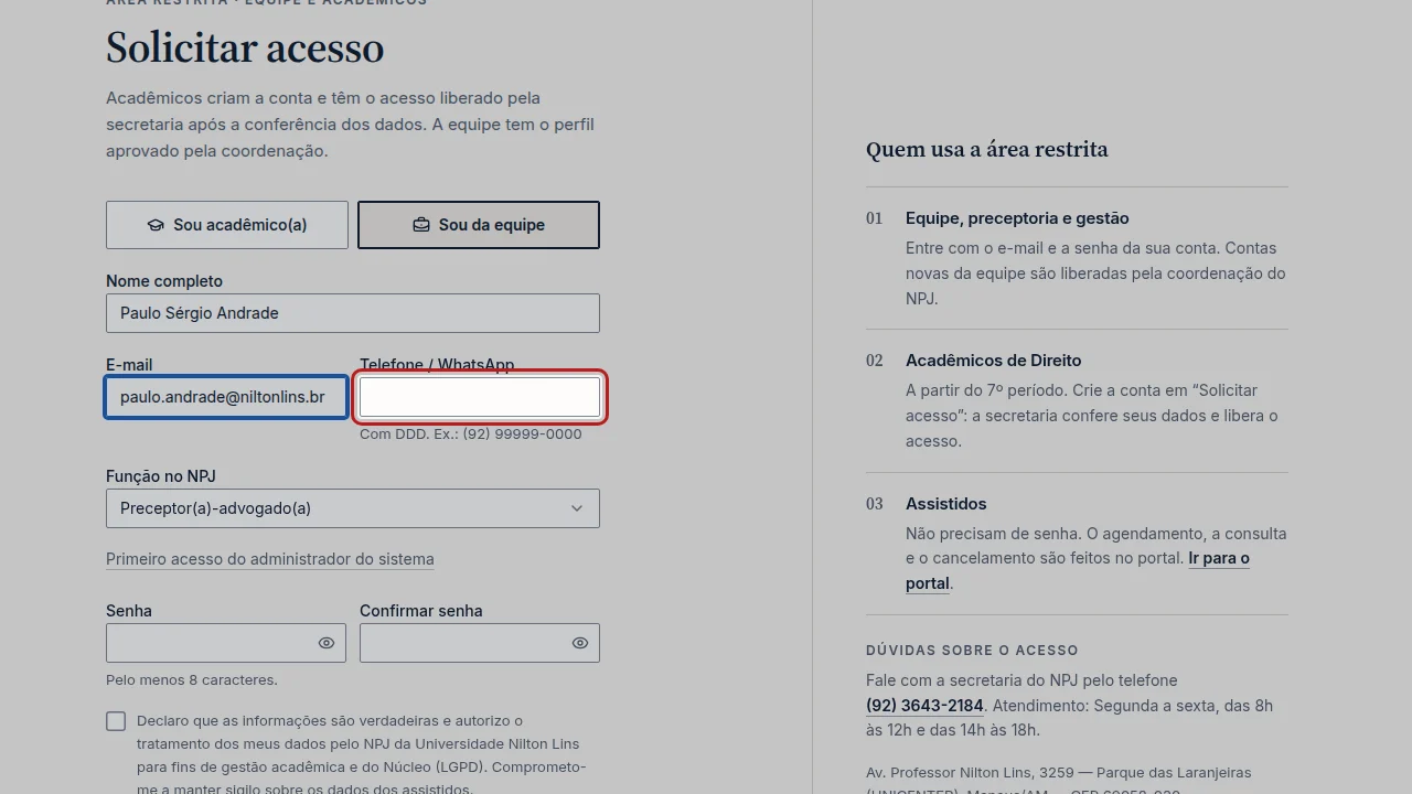 Tela do passo 3: Preencha Nome completo, E-mail e Telefone / WhatsApp.