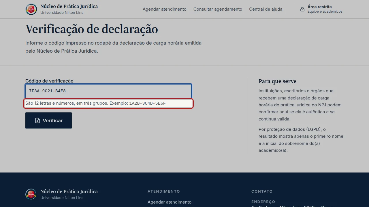 Tela do passo 2: Se a página abriu sem código, digite o Código de verificação do rodapé. São 12 letras e números, em três grupos (exemplo: 1A2B-3C4D-5E6F).