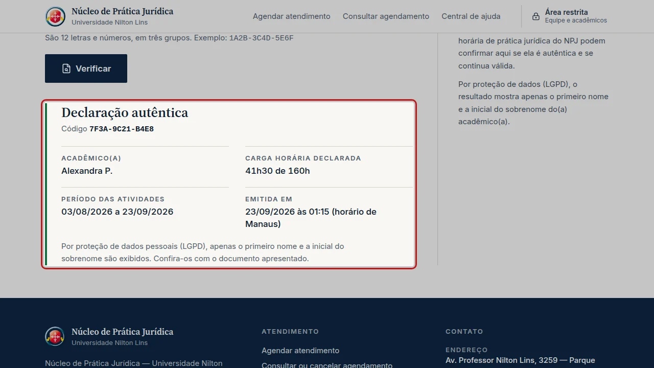 Tela do passo 4: Compare o resultado com o papel: nome, carga declarada, período das atividades e data de emissão.